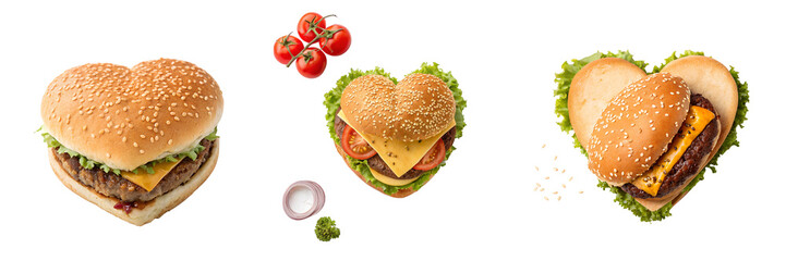 Set of a heart shaped burgers isolated on a transparent background