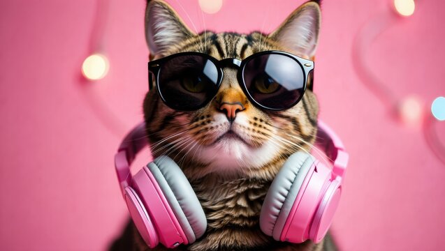 Stylish Cat Pairing Sunglasses and Headphones Against a Pink Background, Showcasing a Fun and Playful Vibe with a Trendy Aesthetic