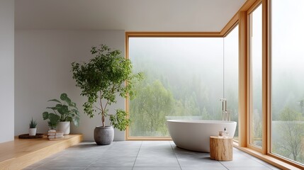 Fototapeta premium Luxury bathroom interior with a freestanding bathtub and large corner window. Modern spa design with a view of a foggy green forest. Relaxation and wellness concept