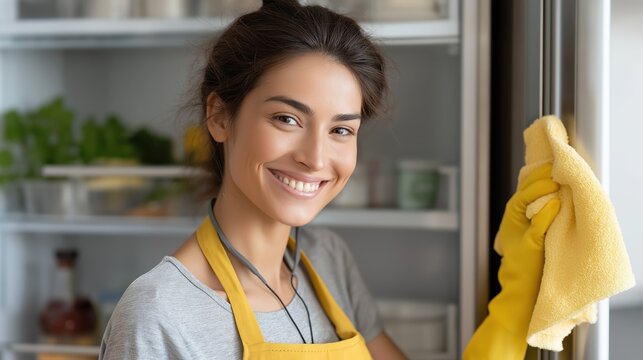 Happy woman cleaning the refrigerator in the kitchen. Professional housekeeper in an apron and gloves wiping an appliance. Domestic chores and cleaning service concept
