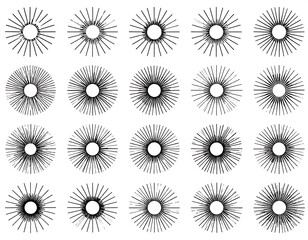 A grid of twenty radiating circular shapes, each with lines extending outwards from a central point, creating a sunburst effect