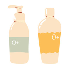 Baby care cosmetic product bottles, shampoo, lotion with 0+ label, featuring organic shapes and a muted color palette. Flat vector illustration in a modern vintage, gentle style