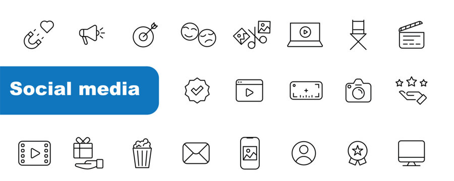 Media Icon Set. A sleek and modern collection of icons designed for the media industry, perfect for enhancing news platforms, entertainment apps, and digital marketing materials.
