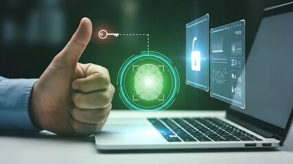 Digital security concept with a thumb up gesture and fingerprint scan on a laptop screen - Powered by Adobe
