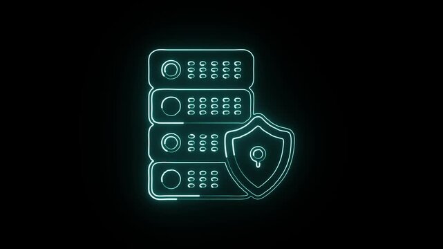 Glowing neon line data center icon with server animation. Data center animation HD video isolated on black background.