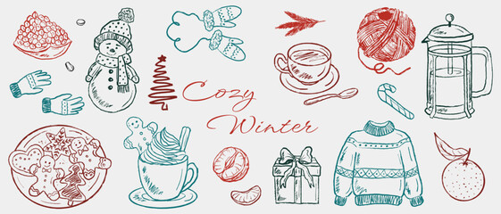 Hand drawn cozy winter items: snowman, mittens, gingerbread cookies, hot drinks, sweater, yarn, gifts, citrus, candy cane. Vector sketch illustration in vintage crayon charcoal style © Nataliya Pokrovska