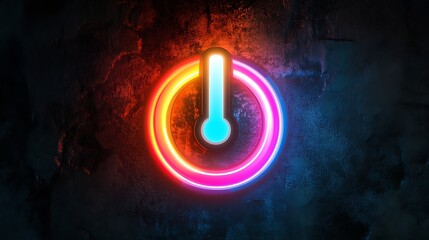 Illuminated Power Button: A vibrant neon power button glows brightly against a textured, industrial backdrop, inviting interaction and symbolizing activation.