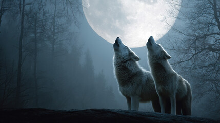 Two wolves howling at a full moon in a misty forest