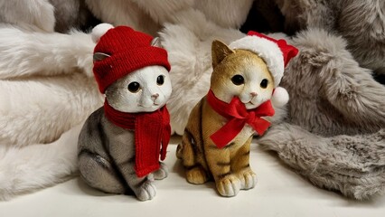 Children's zones for Christmas, two Santa cats in hats, postcard and concept of decor and holiday, animals and Christmas.