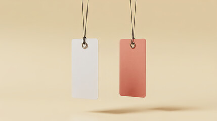 Hanging price tags mockup isolated on soft background for branding and design