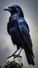 Obraz premium Majestic Black Raven Standing on a Tree Stump in Natural Habitat