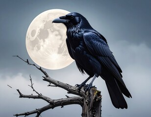 Obraz premium Majestic Raven Perched on a Branch Against Full Moon Evening Sky
