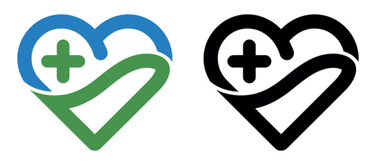 Heart shape with a plus sign and a checkmark represents health and well-being.