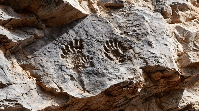 Ancient handprint petroglyphs are carved into a rugged, sunlit stone surface