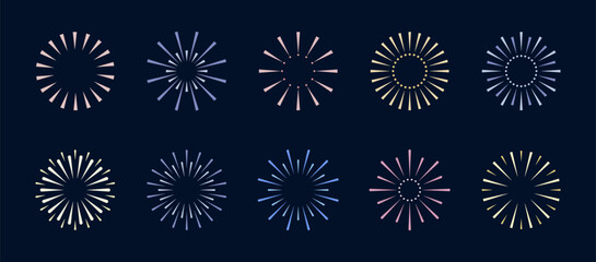 A set of fireworks icons, vector illustration, isolated on a dark background. A graphic element for design, decoration, celebration, postcard, poster. Sparks, lights, flashes in the sky, light rays