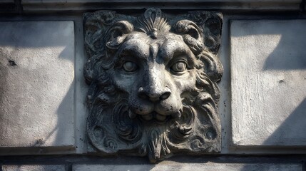 Ornate stone bas-relief sculpture depicting a detailed lion head set within a structured architectural facade