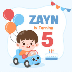 Cute birthday party card illustration featuring a chibi boy driving a small car with colorful balloons, drawn in hand-drawn crayon style. Aesthetic create a playful and cherful celebration party