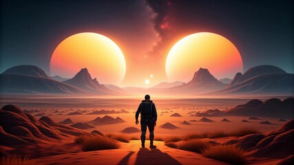 Lone Astronaut on Desert Landscape with Two Suns Setting Science Fiction Sunset Exploration, National Science Fiction Day