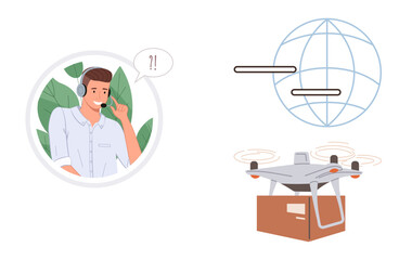 Customer support agent with headset communicating while discussing global delivery solutions. quadcopter carrying package symbolizes fast logistics. Ideal for customer service, shipping, innovation