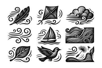 Fototapeta premium Vintage style nature icons featuring leaves, birds, and waves