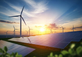 A vibrant, high-contrast image or photorealistic 3D render capturing the moment of sunset or sunrise, showcasing both solar panels and wind turbines together