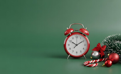 Red vintage alarm clock with christmas ornaments and candy canes on a green background