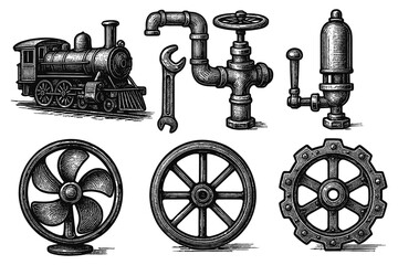 Vintage industrial elements in retro engraving style: train, pipes, tools, and gears