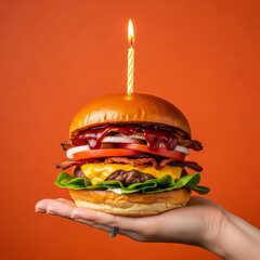 A high-contrast, playful, and professional studio food photograph of a gourmet burger being held in a person's open palm, featuring a lit birthday candle stuck into the top bun.