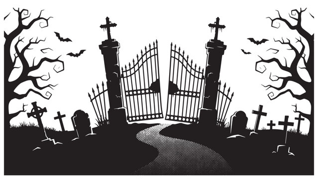 Spooky cemetery gate with tombstones crosses and bats on Halloween night Keywords: cemetery