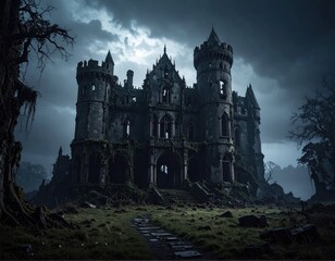 Obraz premium Abandoned Gothic Castle Surrounded by Dark Clouds and Ruins