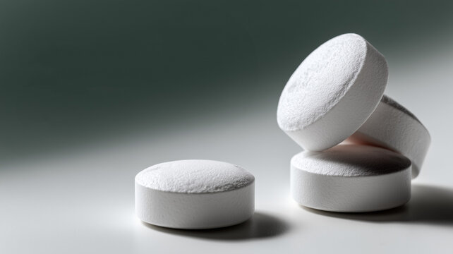 Minimalist medical banner featuring a clean white background with three icons: two pill discs and a subtle heartbeat line arranged in a left cluster. 