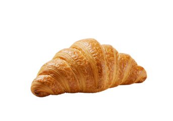 A single, golden-brown french croissant with flaky layers and glossy exterior, centrally placed on a transparent background with ample copy space and soft shadows, gourmet food product concept
