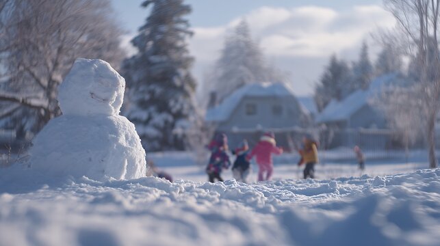 children playing near snowman in winter landscape