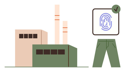 Factory with smokestacks, authentication fingerprint with checkmark, and green pants. Ideal for sustainability, eco-conscious production, quality assurance, ethical apparel, green technology
