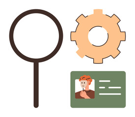 Magnifying glass, cogwheel, and ID card symbolizing job search, innovation, profile verification, and recruitment. Ideal for HR, technology, hiring workflow management information and simple flat © robu_s
