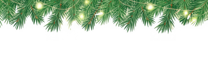 Seamless decorative vector christmas border with coniferous branches and garlands of christmas lights on transparent background
