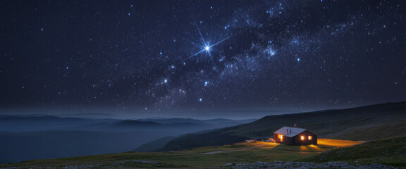 The star shines over the manger of christmas of Jesus Christ.
