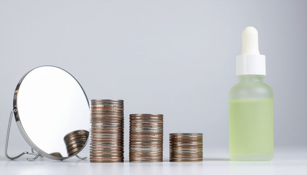 Aging concepts with money, mirror, and cosmetic serum. A visually striking composition that combines financial concepts with beauty - Powered by Adobe