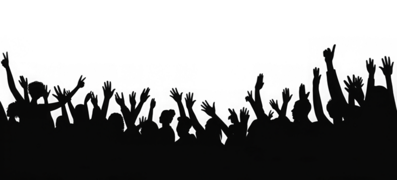 Vector silhouette of a cheering crowd with hands in the air - concert, festival, sport fans
