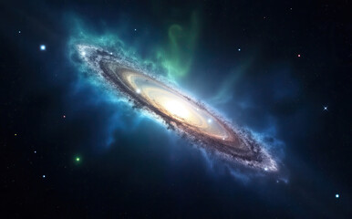 Fototapeta premium Swirling cosmic nebula surrounds luminous spiral galaxy dust
