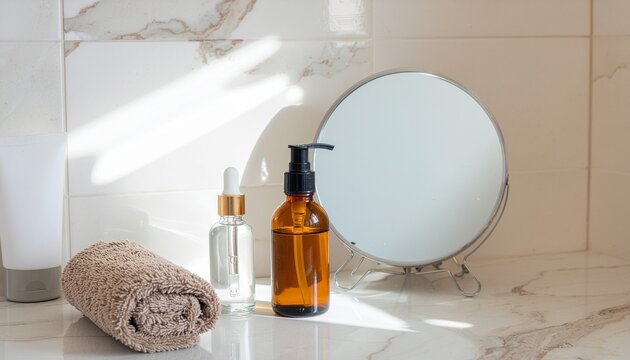 A serene display of skincare products on a bathroom counter, evoking a sense of tranquility and self-care. It features a mirror and towels.