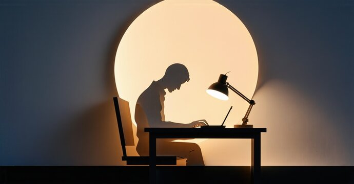 Silhouette depicts person using laptop at desk. Warm light source creates dramatic effect, emphasizing focus, solitude. Minimalist aesthetic.