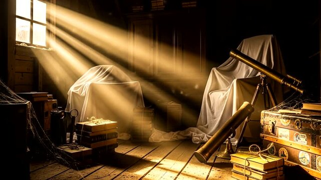 Sunlight streaming through a dusty attic window illuminating covered furniture and old books