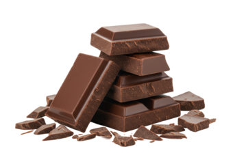 Three to five thick, irregularly shaped dark chocolate pieces forming a pyramid with scattered chips on a transparent background, soft studio lighting, concept of decadent indulgence