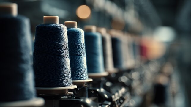 row of blue thread spools in factory