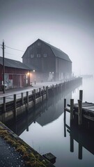Fototapeta premium Serene Misty Morning at Waterfront with Barn and Dock Reflection