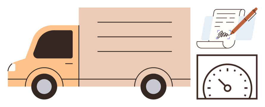 Delivery truck, checklist with a pen, and speedometer convey logistics, transportation, shipping, supply chain management, punctuality, measurement and efficiency. Perfect simple flat metaphor