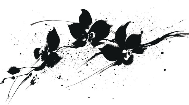 Abstract sumi-e orchid flower painting with expressive ink brush strokes on white background