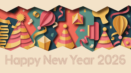 Happy new year 2026 celebration with party hats balloons confetti and geometric shapes in paper cut style