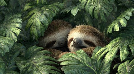 Naklejka premium Two contented mammals rest nestled among dense tropical foliage